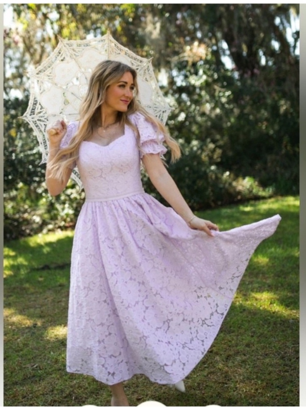 Ivy City Co. Lavender Lace Midi Dress Puff Sleeve Sweetheart Cottagecore Medium